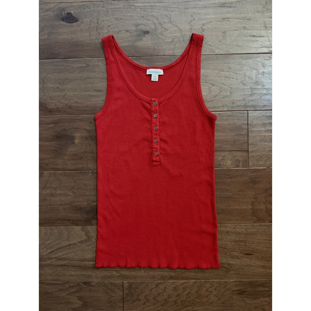 Sundance Red Ribbed Cotton Henley Tank Top Lettuce Edge Hem Womens Medium